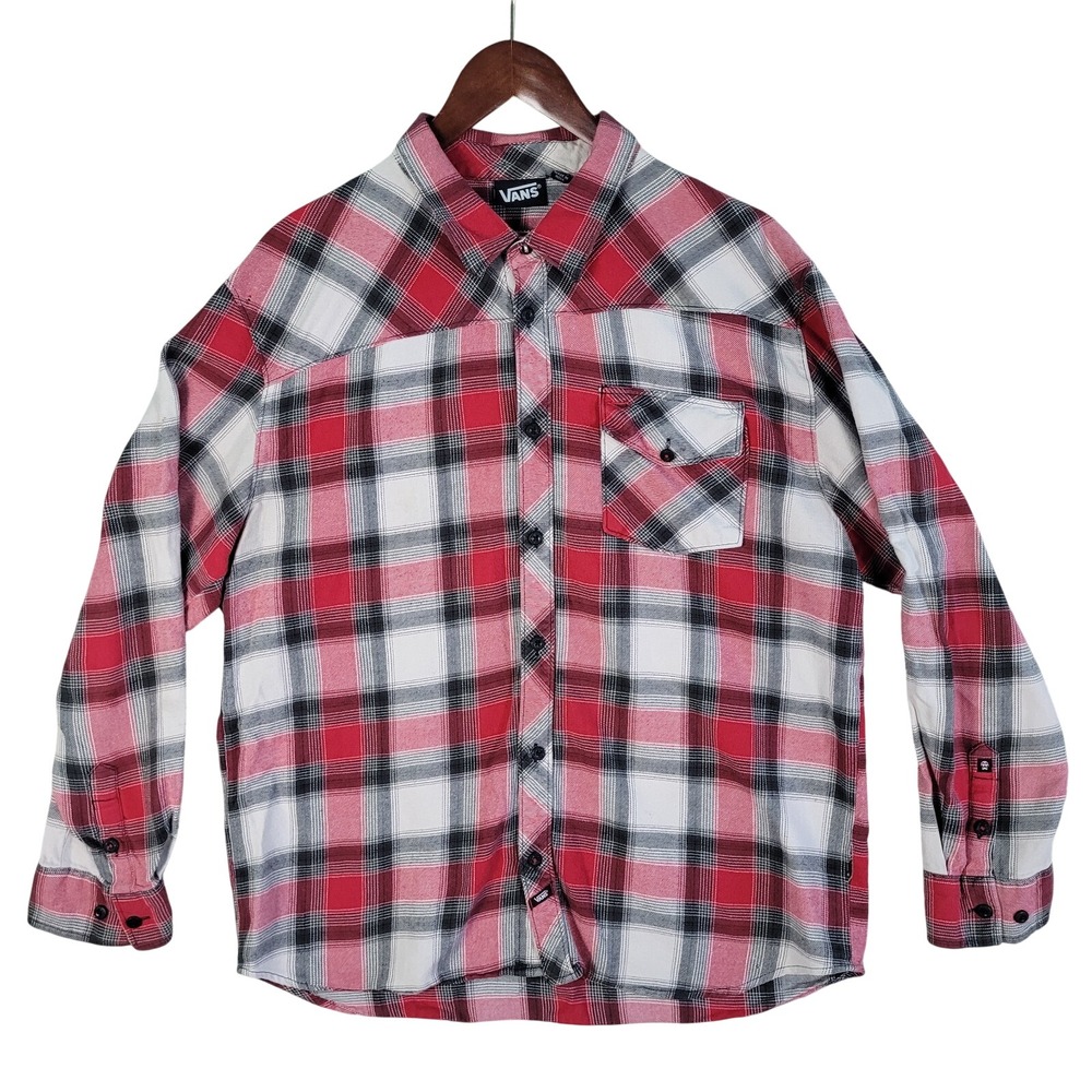 Vans Flannel Shirt Mens Size‎ XXL Red Plaid Long Sleeve Button Up Skater Scull